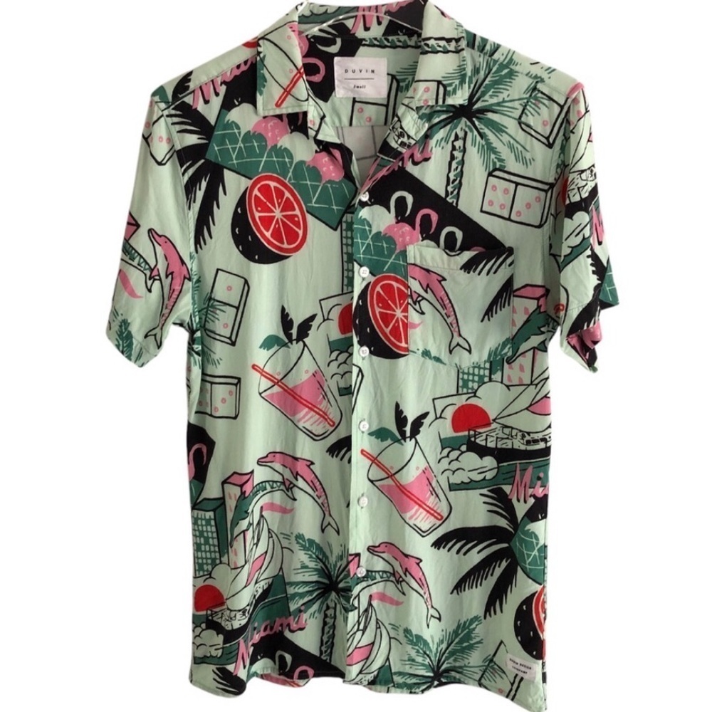 Duvin Design Shirt Short Sleeve Miami Flamingo Tropical Print Mint Green Small - Picture 9 of 9